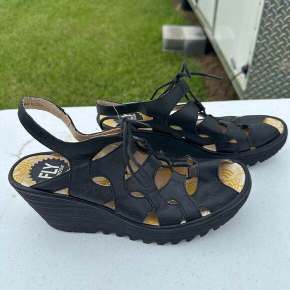 Fly London Black Wedge Shoes with Perforated Design - Picture 1 of 6